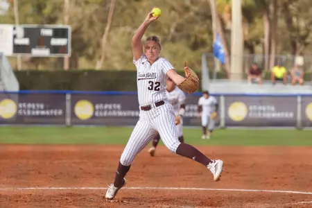 Clearwater, Florida - February 16, 2025 - Grace Sparks #32 of the Texas A&M Aggies during the game between the Charlotte 49ers and the Texas A&M Aggies at Eddie C. Moore Fields in Clearwater, Florida. Photo By Evan Pilat