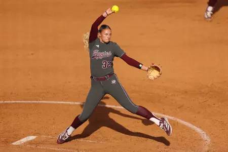 COLLEGE STATION, TX - March 22, 2025 - Grace Sparks #32 of the Texas A&M Aggies during the game between the Alabama Crimson Tide and the Texas A&M Aggies at Davis Diamond in College Station, TX. Photo By Evan Pilat/Texas A&M Athletics