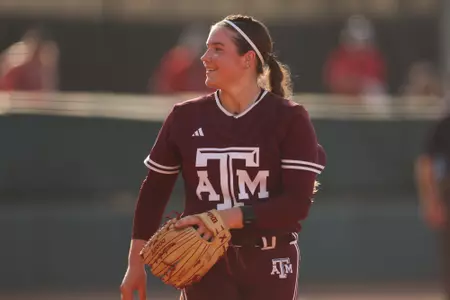 ATHENS, GA - April 05, 2025 - Emily Leavitt #25 of the Texas A&M Aggies during the game between the Georgia Bulldogs and the Texas A&M Aggies at Jack Turner Stadium in Athens, GA. Photo By Evan Pilat