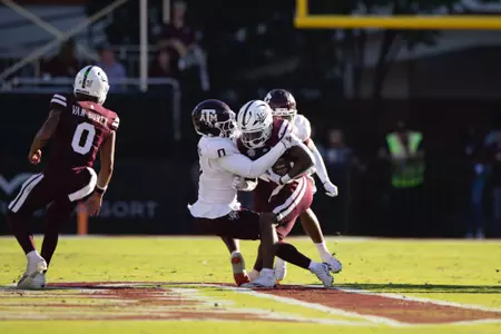 STARKVILLE, MS - October 19, 2024 - Linebacker Scooby Williams #0 of the Texas A&M Aggies during the game between the Mississippi St. Bulldogs and the Texas A&M Aggies at Davis Wade Stadium in Starkville, MS. Photo By Evan Pilat