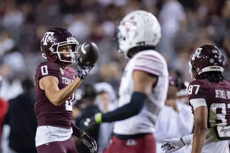 COLLEGE STATION, TX - November 16, 2024 - Wide receiver Izaiah Williams #0 of the Texas A&M Aggies during the game between the New Mexico State Aggies and the Texas A&M Aggies at Kyle Field in College Station, TX. Photo By Ishika Samant/Texas A&M Athletics