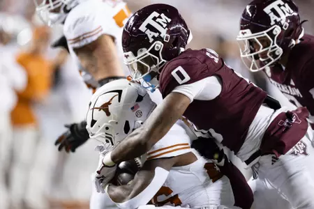 COLLEGE STATION, TX - November 30, 2024 - Linebacker Scooby Williams #0 of the Texas A&M Aggies during the game between the Texas Longhorns and the Texas A&M Aggies at Kyle Field in College Station, TX. Photo By Rachel Mahan/Texas A&M Athletics