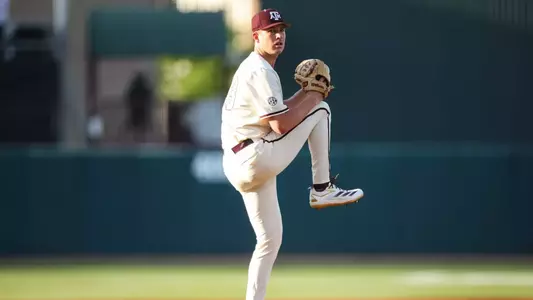 COLLEGE STATION, TX - April 11, 2025 - Pitcher Justin Lamkin #33 of the Texas A&M Aggies during the game between the South Carolina Gamecocks and the Texas A&M Aggies at Blue Bell Park in College Station, TX. Photo By Ethan Mito/Texas A&M Athletics