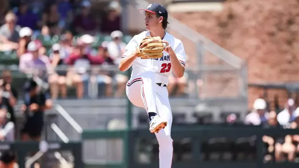 COLLEGE STATION, TX - May 04, 2025 - Pitcher Myles Patton #23 of the Texas A&M Aggies during the game between the LSU Tigers and the Texas A&M Aggies at Blue Bell Park in College Station, TX. Photo By Ethan Mito/Texas A&M Athletics