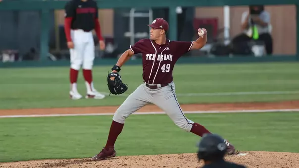 Stanford, CA - June 03, 2023 - Pitcher Brandyn Garcia #49 of the Texas A&M Aggies during the game between the Stanford Cardinal and the Texas A&M Aggies at Klein Field at Sunken Diamond in Stanford, CA. Photo By Evan Pilat