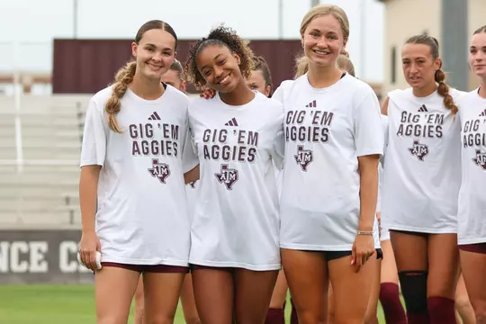 COLLEGE STATION, TX - April 15, 2025 - Midfielder Trinity Buchanan #16 of the Texas A&M Aggies, Defender Tessa Arreola Lavender #5 of the Texas A&M Aggies, Defender Bella James #3 of the Texas A&M Aggies during the game between the Texas A&M Aggies and the Houston Cougars at Ellis Field in College Station, TX. Photo By Hannah Harrison/Texas A&M Athletics