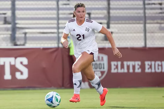 Holly Storer ranges the midfield in an exhibition match against UTRGV