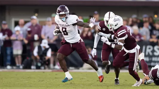 STARKVILLE, MS - October 19, 2024 - Running back Le'Veon Moss #8 of the Texas A&M Aggies during the game between the Mississippi St. Bulldogs and the Texas A&M Aggies at Davis Wade Stadium in Starkville, MS. Photo By Evan Pilat