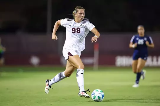 Shea Ryan menaces on the dribble in the Aggies' exhibition match against Rice