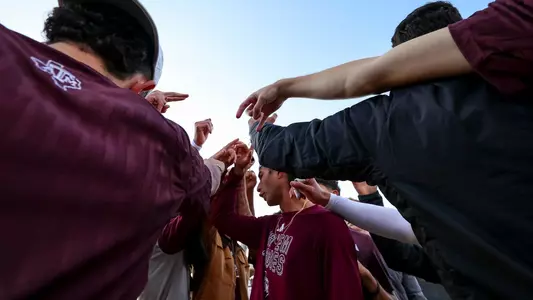 COLLEGE STATION, TX - February 23, 2025 - Texas A&M Aggie Men's Tennis Team during the game between the Lamar Cardinals and the Texas A&M Aggies at Mitchell Tennis Center in College Station, TX. Photo By Julianne Shivers/Texas A&M Athletics