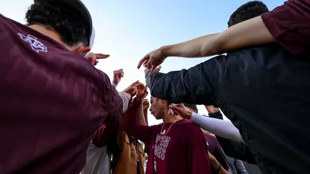 COLLEGE STATION, TX - February 23, 2025 - Texas A&M Aggie Men's Tennis Team during the game between the Lamar Cardinals and the Texas A&M Aggies at Mitchell Tennis Center in College Station, TX. Photo By Julianne Shivers/Texas A&M Athletics