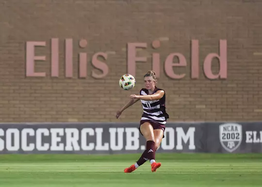 Riley Crooks booms a clearance in the Aggies' spring match against Houston