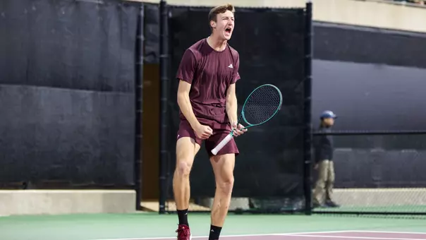 COLLEGE STATION, TX - March 06, 2025 - Lathan Skrobarcek of the Texas A&M Aggies during the game between the Auburn Tigers and the Texas A&M Aggies at Mitchell Tennis Center in College Station, TX. Photo By Julianne Shivers/Texas A&M Athletics