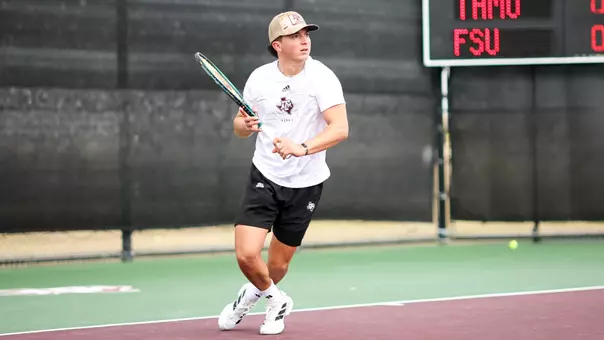 COLLEGE STATION, TX - February 23, 2025 - Ethan Silva of the Texas A&M Aggies during the game between the Florida State Seminoles and the Texas A&M Aggies at Mitchell Tennis Center in College Station, TX. Photo By Julianne Shivers/Texas A&M Athletics