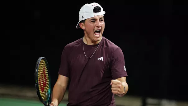 COLLEGE STATION, TX - February 23, 2025 - Ethan Silva of the Texas A&M Aggies during the game between the Lamar Cardinals and the Texas A&M Aggies at Mitchell Tennis Center in College Station, TX. Photo By Bailee Wagner/Texas A&M Athletics