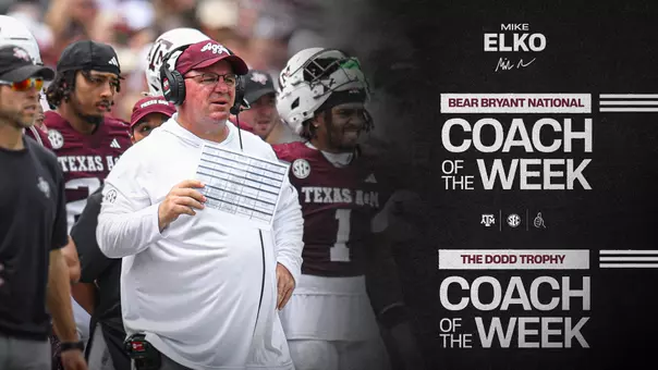 Texas A&M head coach Mike Elko was selected the Paul “Bear” Bryant and Dodd Trophy National Coach of the Week.