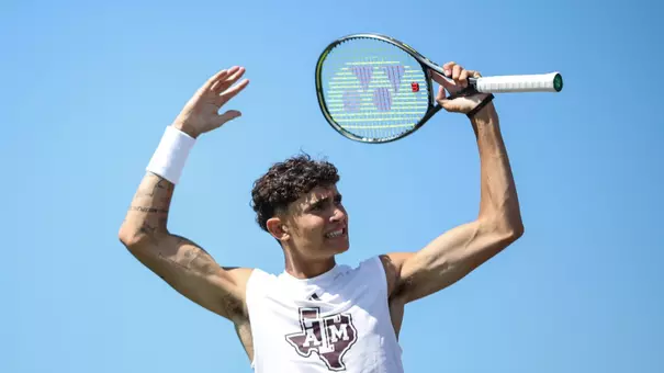 COLLEGE STATION, TX - May 03, 2025 - Tiago Pires of the Texas A&M Aggies during the game between the Rice Owls and the Texas A&M Aggies at Mitchell Tennis Center in College Station, TX. Photo By Julianne Shivers/Texas A&M Athletics
