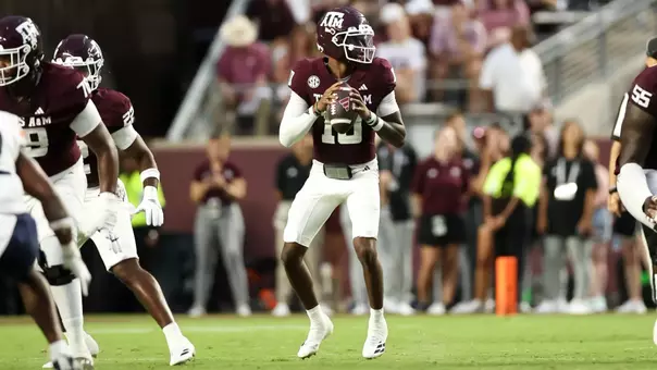COLLEGE STATION, TX - August 30, 2025 - Quarterback Marcel Reed #10 of the Texas A&M Aggies during the game between the UT San Antonio Roadrunners and the Texas A&M Aggies at Kyle Field in College Station, TX. Photo By Julianne Shivers/Texas A&M Athletics