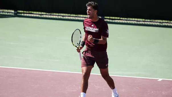 COLLEGE STATION, TX - May 03, 2025 - Togan Tokac of the Texas A&M Aggies during the game between the Rice Owls and the Texas A&M Aggies at Mitchell Tennis Center in College Station, TX. Photo By Julianne Shivers/Texas A&M Athletics