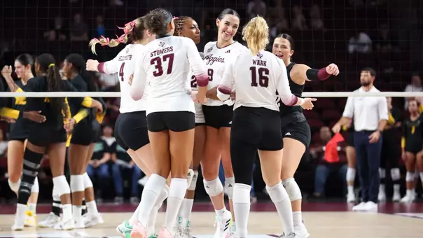COLLEGE STATION, TX - September 24, 2025 - The Texas A&M Aggies Volleyball Team during the game between the Missouri Tigers and the Texas A&M Aggies at Reed Arena in College Station, TX. Photo By Evan Pilat/Texas A&M Athletics