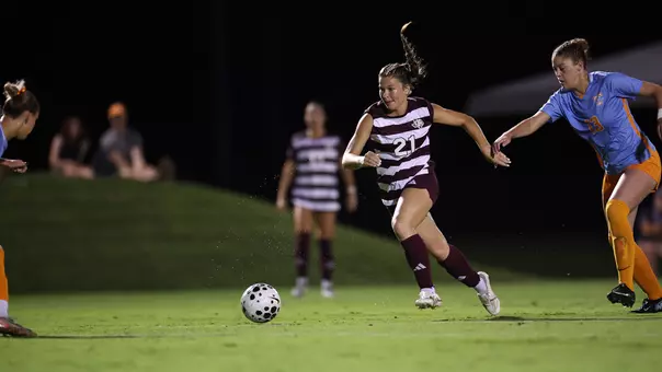 Holly Storer on the attack in the Aggies' match at Tennessee