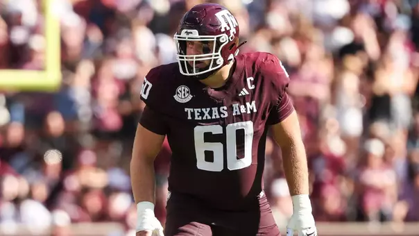 COLLEGE STATION, TX - September 27, 2025 - Offensive lineman Trey Zuhn III #60 of the Texas A&M Aggies during the game between the Auburn Tigers and the Texas A&M Aggies at Kyle Field in College Station, TX. Photo By Ethan Mito/Texas A&M Athletics