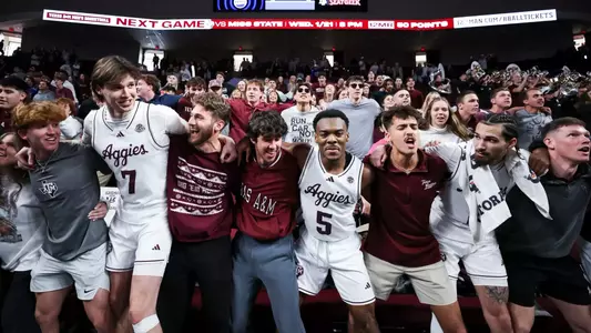 COLLEGE STATION, TX - January 10, 2026 - Texas A&M Aggies Men's Basketball Team during the game between the Oklahoma Sooners and the Texas A&M Aggies at Reed Arena in College Station, TX. Photo By Wesley Bowers/Texas A&M Athletics