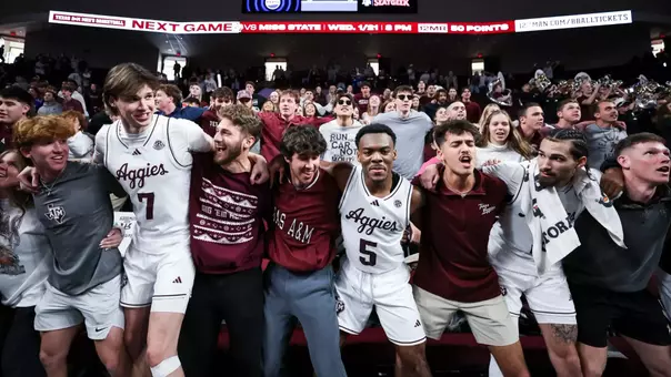 COLLEGE STATION, TX - January 10, 2026 - Texas A&M Aggies Men's Basketball Team during the game between the Oklahoma Sooners and the Texas A&M Aggies at Reed Arena in College Station, TX. Photo By Wesley Bowers/Texas A&M Athletics