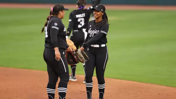 COLLEGE STATION, TX - March 26, 2025 - Mya Perez #24 of the Texas A&M Aggies and KK Dement #16 of the Texas A&M Aggies during the game between the North Texas Mean Green and the Texas A&M Aggies at Davis Diamond in College Station, TX. Photo By Evan Pilat/Texas A&M Athletics