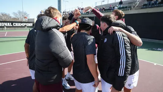 COLLEGE STATION, TX - January 17, 2026 - Texas A&M Aggie Men's Tennis Team during the game between the UT San Antonio Roadrunners and the Texas A&M Aggies at Mitchell Tennis Center in College Station, TX. Photo By Micah Richter/Texas A&M Athletics