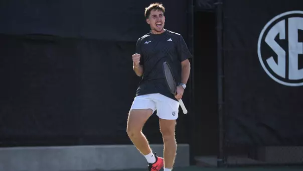 COLLEGE STATION, TX - January 17, 2026 - Alex Frusina of the Texas A&M Aggies during the game between the UT San Antonio Roadrunners and the Texas A&M Aggies at Mitchell Tennis Center in College Station, TX. Photo By Micah Richter/Texas A&M Athletics