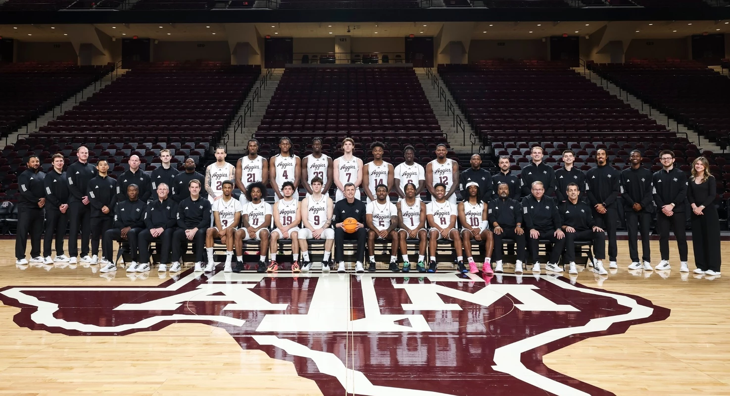 Texas A&M men's basketball 2025-26 team photo with staff.