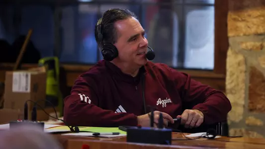 COLLEGE STATION, TX - December 09, 2024 - Andrew Monaco during men’s basketball radio show at Rudy’s BBQ in College Station, TX. Photo By Craig Bisacre/Texas A&M Athletics