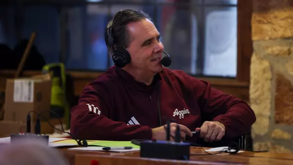 COLLEGE STATION, TX - December 09, 2024 - Andrew Monaco during men’s basketball radio show at Rudy’s BBQ in College Station, TX. Photo By Craig Bisacre/Texas A&M Athletics