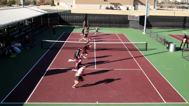 COLLEGE STATION, TX - January 18, 2025 - Texas A&M Aggie Men's Tennis Team during the game between the UT San Antonio Roadrunners and the Texas A&M Aggies at Mitchell Tennis Center in College Station, TX. Photo By Sydney Stevenson/Texas A&M Athletics