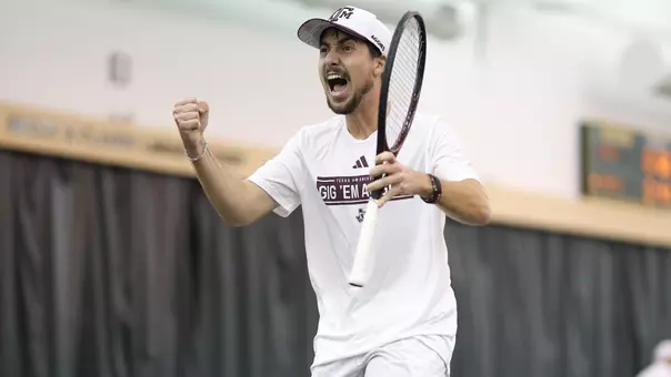 WACO, TX - February 09, 2026 - Alex Frusina of the Texas A&M Aggies during the game between the Baylor Bears and the Texas A&M Aggies at Hawkins Indoor Tennis Center in Waco, TX. Photo By Julianne Shivers