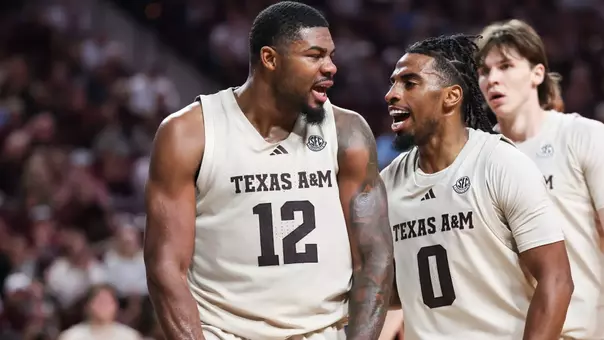 COLLEGE STATION, TX - February 18, 2026 - Forward Rashaun Agee #12 of the Texas A&M Aggies and Guard Marcus Hill #0 of the Texas A&M Aggies during the game between the Ole Miss Rebels and the Texas A&M Aggies at Reed Arena in College Station, TX. Photo By Ethan Mito/Texas A&M Athletics