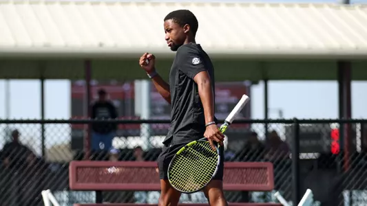 COLLEGE STATION, TX - February 21, 2026 - Kholo Montsi of the Texas A&M Aggies during the game between the Ole Miss Rebels and the Texas A&M Aggies at Mitchell Tennis Center in College Station, TX. Photo By Julianne Shivers/Texas A&M Athletics