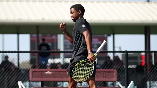 COLLEGE STATION, TX - February 21, 2026 - Kholo Montsi of the Texas A&M Aggies during the game between the Ole Miss Rebels and the Texas A&M Aggies at Mitchell Tennis Center in College Station, TX. Photo By Julianne Shivers/Texas A&M Athletics