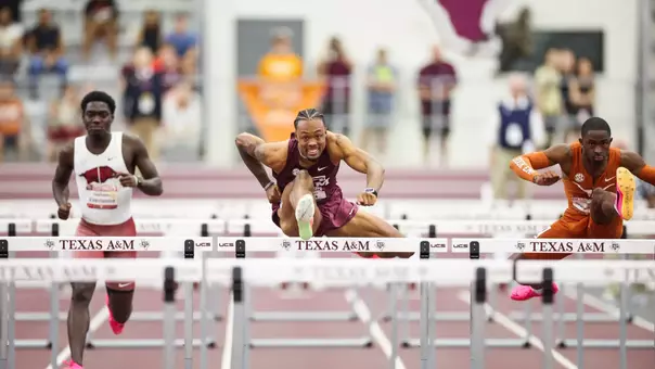 COLLEGE STATION, TX - March 01, 2025 - Ja'Qualon Scott of the Texas A&M Aggies during SEC Champinships at Fasken Indoor Track & Field in College Station, TX. Photo By Ishika Samant/Texas A&M Athletics
