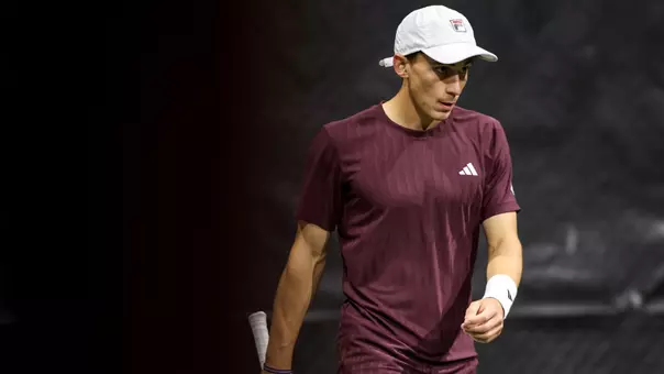COLLEGE STATION, TX - February 23, 2025 - Theo Papamalamis of the Texas A&M Aggies during the game between the Lamar Cardinals and the Texas A&M Aggies at Mitchell Tennis Center in College Station, TX. Photo By Julianne Shivers/Texas A&M Athletics
