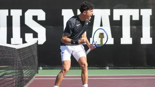 COLLEGE STATION, TX - January 17, 2026 - Tiago Pires of the Texas A&M Aggies during the game between the UT San Antonio Roadrunners and the Texas A&M Aggies at Mitchell Tennis Center in College Station, TX. Photo By Micah Richter/Texas A&M Athletics