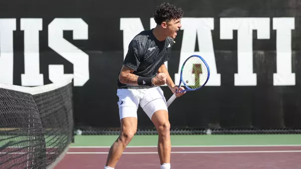 COLLEGE STATION, TX - January 17, 2026 - Tiago Pires of the Texas A&M Aggies during the game between the UT San Antonio Roadrunners and the Texas A&M Aggies at Mitchell Tennis Center in College Station, TX. Photo By Micah Richter/Texas A&M Athletics