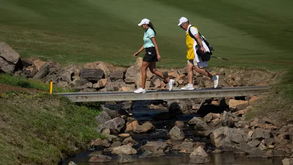Vanessa Borovilos of Canada walks across the bridge on the No. 15 hole during the second round of the Augusta National Women's Amateur at Champions Retreat Golf Club, Thursday, April 02, 2026.