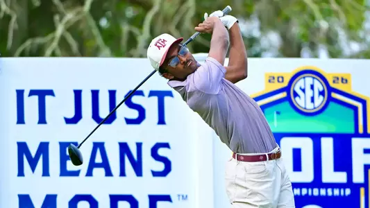 Shiv Parmar unleashes a drive at the SEC Men's Golf Championship