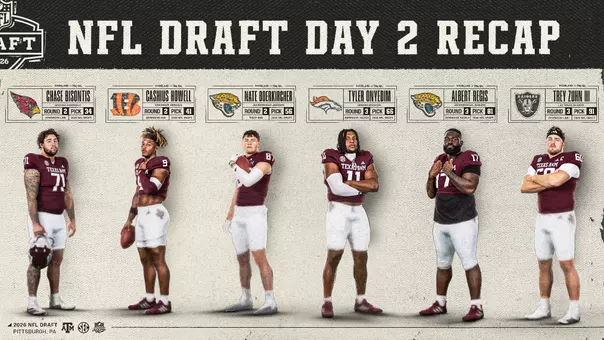 Texas A&M offensive lineman Chase Bisontis, defensive end Cashius Howell, tight end Nate Boerkircher, defensive tackle Tyler Onyedim, defensive tackle Albert Regis and offensive lineman Trey Zuhn III were all selected on Day 2 of the 2026 NFL Draft on Friday night.