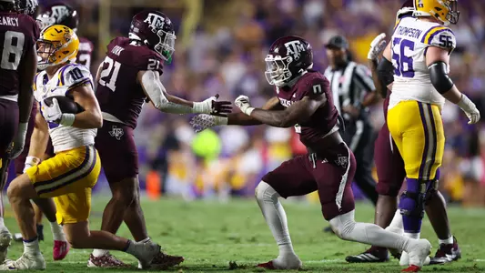 BATON ROUGE, LA - October 25, 2025 - Linebacker Taurean York #21 of the Texas A&M Aggies and Linebacker Scooby Williams #0 of the Texas A&M Aggies during the game between the LSU Tigers and the Texas A&M Aggies at Tiger Stadium in Baton Rouge, LA. Photo By Evan Pilat