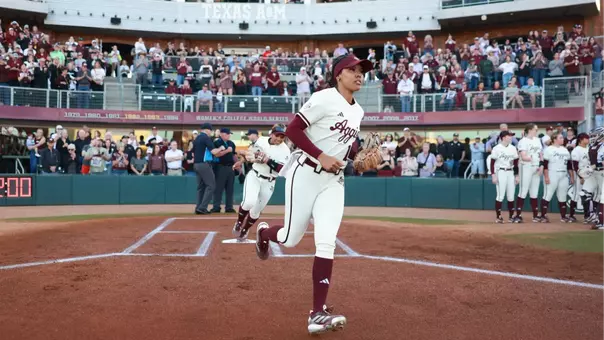 COLLEGE STATION, TX - February 07, 2026 - KK Dement #16 of the Texas A&M Aggies during the game between the Texas Tech Red Raiders and the Texas A&M Aggies at Davis Diamond in College Station, TX. Photo By Evan Pilat/Texas A&M Athletics
