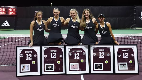 Aggie seniors Avery Esquivel, Mia Kupres, Daria Smetannikov, Nicole Khirin and Violeta Martinez pose during senior night recognition