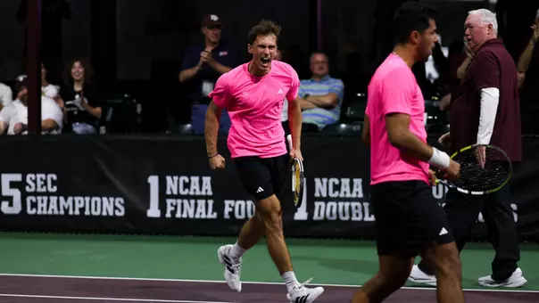 COLLEGE STATION, TX - February 27, 2026 - Theo Papamalamis of the Texas A&M Aggies and Togan Tokac of the Texas A&M Aggies during the game between the Georgia Bulldogs and the Texas A&M Aggies at Mitchell Tennis Center in College Station, TX. Photo By Bailee Wagner/Texas A&M Athletics
